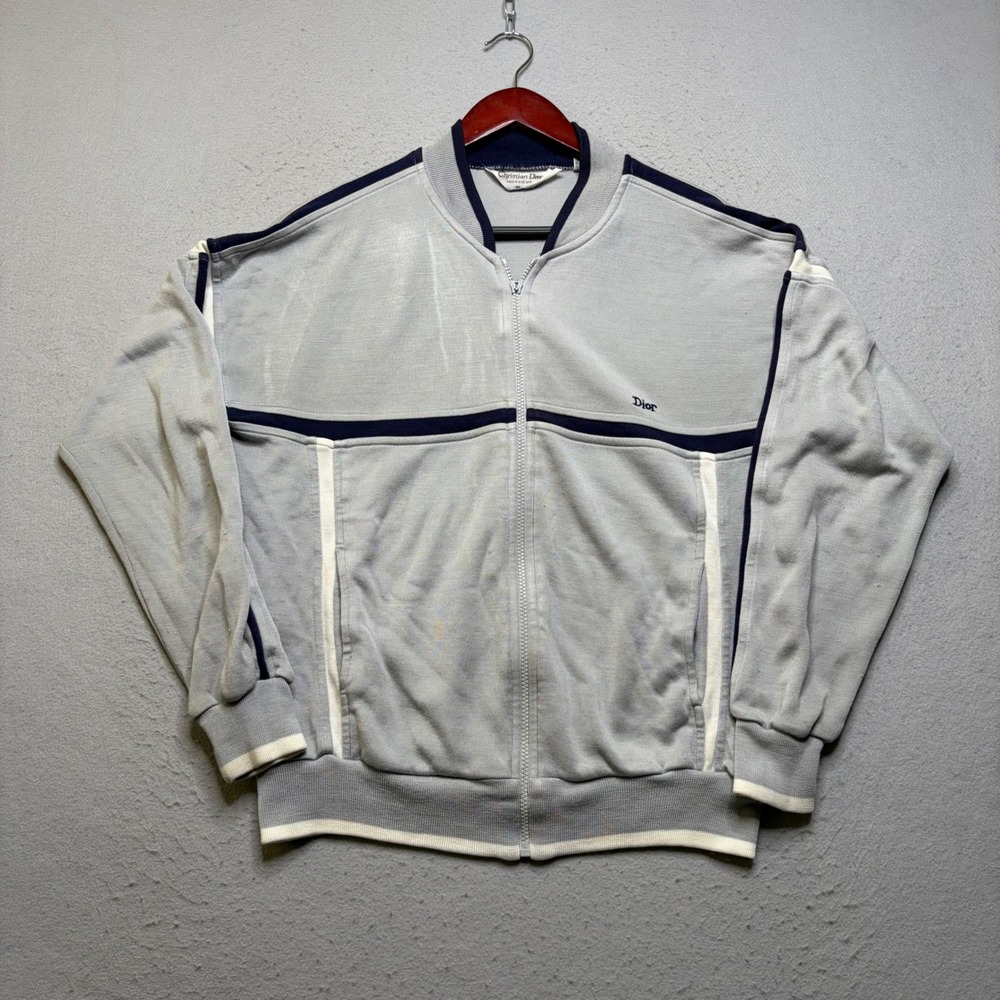 Christian Dior Track Jacket Mens Medium Gray Vintage 80s Monsieur Distressed